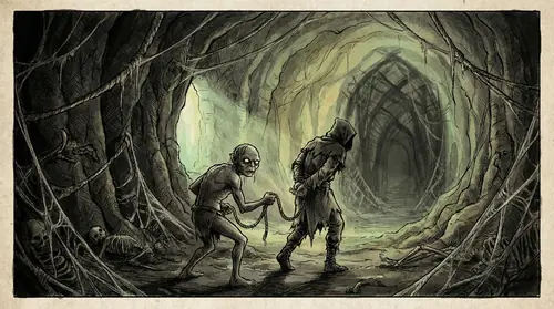 Deep in Shelob\'s tunnels, Gollum leads a bound orc prisoner toward the spider\'s waiting darkness, his face twisted with servile devotion. Webs thick as rope cover the walls, and bones litter the…