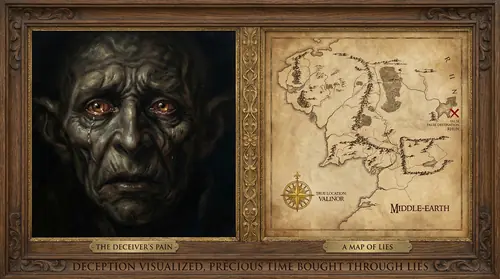 Split image: on one side, Gollum\'s face contorted in agony under torture, yet his eyes hold a cunning gleam even through the pain. On the other, a map of Middle-earth showing the Gladden Fields far…