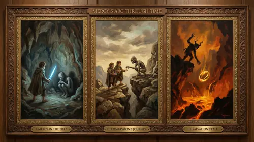 A triptych showing mercy\'s arc: Bilbo sparing Gollum in the dark caves beneath the mountains; Frodo showing compassion to the creature in the Emyn Muil; and finally, silhouetted against the fires of…