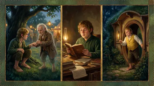 A small narrative triptych in a single illustration. Left panel: a younger Merry, in the lawn-shadow of Bilbo\'s long-expected birthday party, catching a glimpse of an old hobbit in a brown coat…