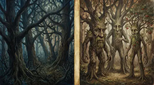A wide diptych. Left half: the Old Forest at twilight — close, dark, watchful trees with a faint sense of intelligent presence in the canopy, no figures. Right half: a grove in Fangorn — three…
