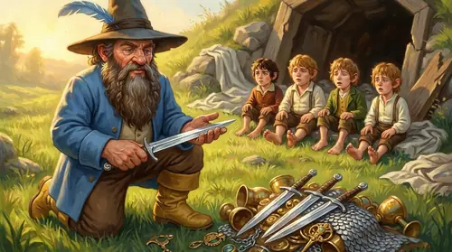 Outside the broken barrow, the four hobbits sit on the grass blinking in morning light. Tom Bombadil kneels before a pile of recovered grave-treasure — gold cups, brooches, circlets, tarnished mail —…