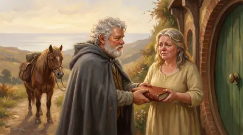 Doorstep of Elanor\'s smial on the Tower Hills at dawn. A very old, silver-haired Sam Gamgee in a grey travel-cloak, gently white-bearded, stands placing a thick leather-bound red book into the…