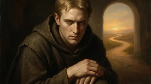 Close-up of Sauron\'s face as he kneels before Eonwe, his expression a masterwork of calculation hidden beneath a mask of humility. His eyes flicker with something dark -- not repentance but…