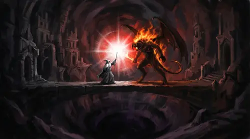 Gandalf the Grey and Durin\'s Bane locked in combat on the narrow Bridge of Khazad-dum, their clash illuminating the vast darkness of Moria with blinding flashes of white and red. The Balrog\'s flame…
