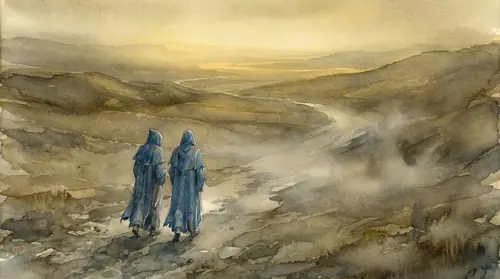 Two blue-robed wizards walk side by side into the vast, unknown East of Middle-earth, their backs to the viewer as they cross a barren landscape toward a distant horizon shrouded in haze. The path…