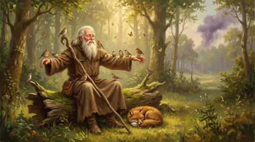 Radagast the Brown sits in a sun-dappled forest clearing, surrounded by birds perched on his arms, shoulders, and staff. A fox curls at his feet and butterflies drift through dappled light. His face…