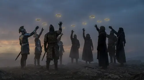 A diverse group of nine cloaked figures representing different kingdoms - Númenórean lords in Western armor, an Easterling warrior, mysterious sorcerer-kings from unknown lands, all reaching toward…
