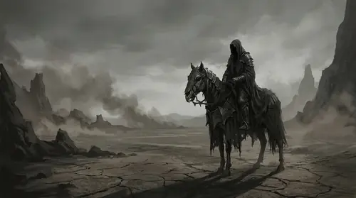 A Nazgûl standing alone in a desolate wasteland beneath a dead sky, neither alive nor dead, a figure of utter isolation and eternal torment, representing the curse of false immortality, dark…