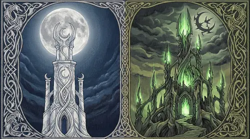 The transformation of Minas Ithil to Minas Morgul - a before and after showing a beautiful white tower with moonlight changing to a pale green phosphorescent fortress of dread, same structure but…