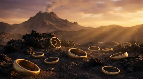Nine golden rings lying abandoned and powerless in Mount Doom\'s ashes after the One Ring\'s destruction, finally harmless, their five-thousand-year reign of terror ended, symbolic still life in warm…