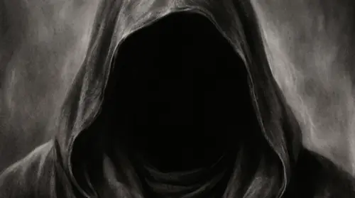 Extreme close into the opening of a black cowl where a face should be — and there is nothing: a depth of shadow with no eyes to meet and no mouth to name. The camera pushes in until that emptiness…