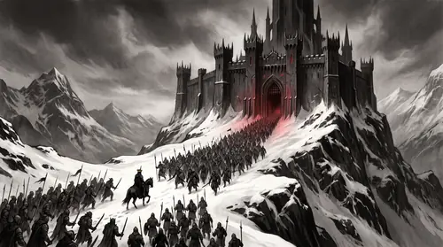 Vast wide of the black spiked citadel of Carn Dûm clenched on a snow-bound northern peak, and pouring down from its gates a host of orcs and men behind a single crowned rider at the front — the…