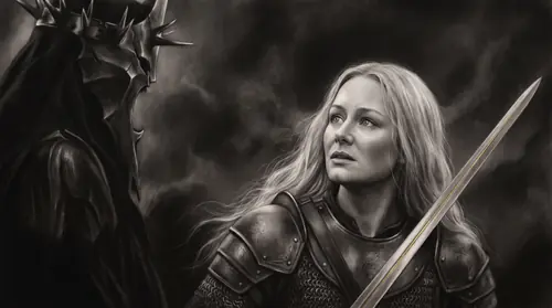 Éowyn\'s helm coming free and her face filling the frame, gold hair loosing into the wind, lit defiant against the towering dark of the wraith behind her — the exact instant of "no living man am I."…