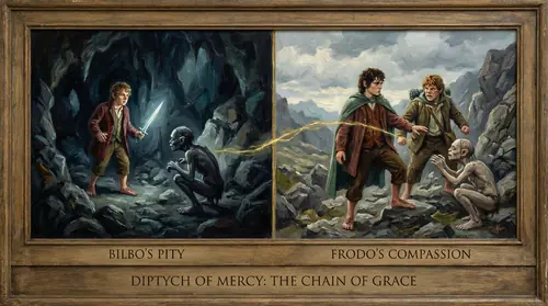 A dual image showing mercy across time: Bilbo in Gollum\'s cave, sword raised but staying his hand; Frodo in Emyn Muil, choosing not to let Sam kill the wretched creature. These moments of compassion…