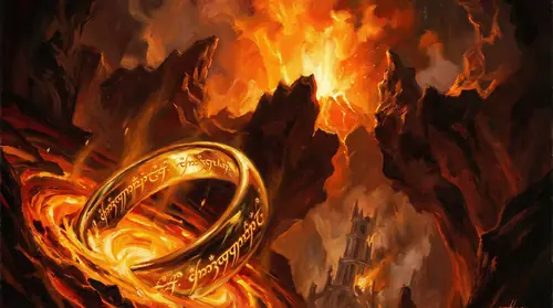 The Ring falling into the fires of Mount Doom, melting, unmade at last. The golden band distorts and dissolves in the volcanic heat, the fiery inscription blazing one final time before it too is…