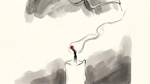Extreme close on a candle-wick at the instant it goes out: the flame gone, the thread of smoke already bending hard sideways in a draught, one last crimson point still alive at the char. Along the…