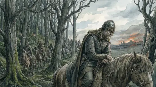 Theoden on horseback at the edge of the Grey Wood, looking out toward Minas Tirith in the distance — the White City wreathed in fire and shadow, barely visible through the darkness. His aged face…