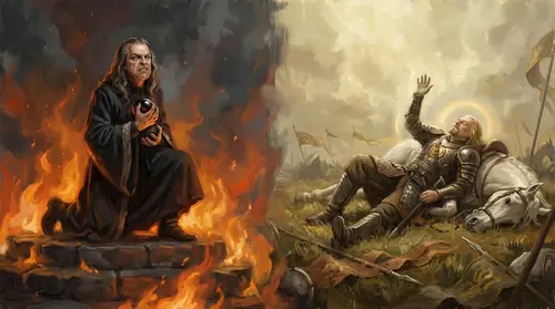 Split composition of two deaths — on the left, Denethor engulfed in flames on his pyre, the palantir clutched to his chest, his face twisted in defiant rage as the fire consumes him. On the right…