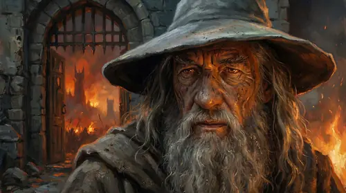 Close view of Gandalf\'s face in the gateway, aged and weary but absolutely resolute. His eyes burn with quiet authority beneath his hat. Behind him, the ruined gate frames a panorama of the burning…