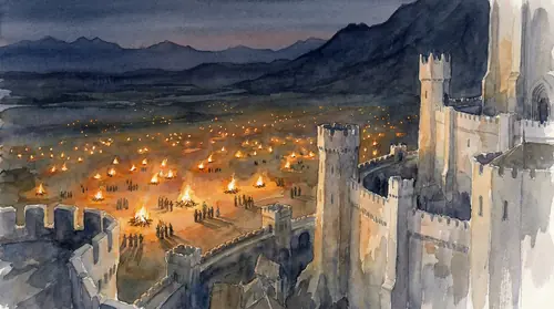The Pelennor Fields at twilight, viewed from high on the walls of Minas Tirith. Funeral fires dot the landscape like earthbound stars, each one marking where the fallen are honoured. The living stand…