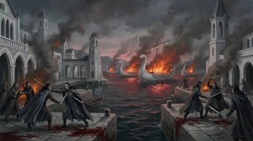 The white harbor of Alqualondë running red with blood, Elf fighting Elf for the first time in history, white ships burning in the background, the beginning of kinslaying