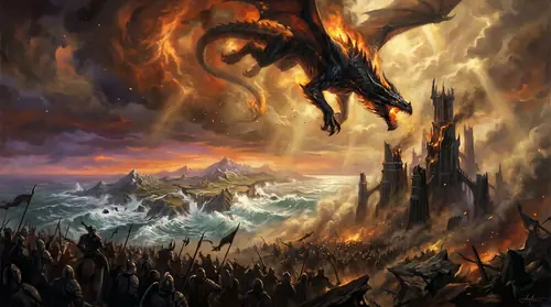 The War of Wrath at its climax, Ancalagon the Black falling from the sky to shatter Thangorodrim, the Host of the Valar triumphant as Beleriand crumbles into the sea, the end of an age