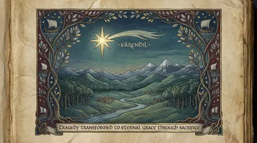 A serene image of Eärendil\'s star blazing above a peaceful Middle-earth at twilight, the Silmaril\'s light falling gently on forests and mountains, free and eternal, owned by none and given to all