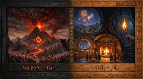 A split image contrasting two fires. On one side, Sauron\'s fire - Mount Doom erupting, cities burning, armies marching through destruction, the One Ring glowing in volcanic flame. On the other…
