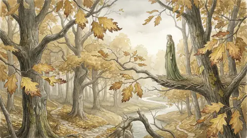Lothlorien beginning to fade - the golden leaves turning brown at the edges, the timeless light dimming to ordinary daylight. Mallorn trees show the first signs of autumn in four thousand years…