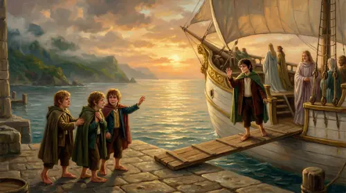 Sam, Merry, and Pippin stand on the quay as their friends board the white ship. Tears stream down their faces, yet Frodo smiles peacefully. The scene holds sorrow and joy intertwined - farewell and…
