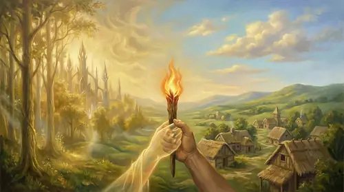 A symbolic transition image - the golden light of the Elven realms fading to warm afternoon sunlight on green hills and mortal towns. The Age of Enchantment giving way to the Age of Men. Not…
