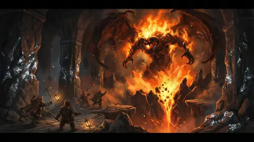 The awakening of Durin\'s Bane: a Balrog rising from the deepest chasm of Khazad-dum, shadow and flame uncoiling like a living nightmare. Terrified dwarven miners scramble backward, their mithril…