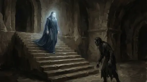 Inside the deep halls of Utumno — Manwë, glowing softly with the blue-white light of his own undivided being, descends a stone stair and looks upon his brother. Melkor stands gaunt, hollow, a…