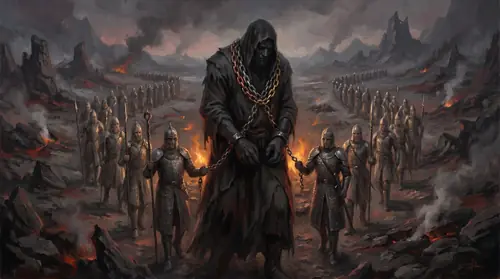 The long procession — Melkor in the chain Angainor, hunched and shadowed, led between two ranks of luminous Valar across a scorched battlefield of his own ruin. Broken peaks and smoking rifts stretch…