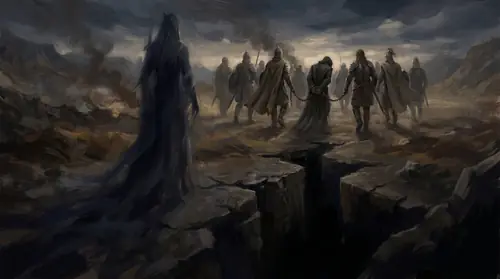 A single figure — a thin trail of shadow with the suggestion of a tall robed form — slipping away through a broken stone fissure into total blackness. Sauron, unseen, escaping. Far in the distance…