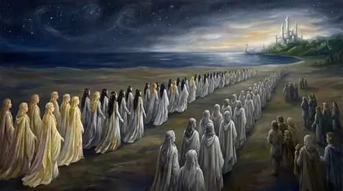 A long migratory tableau across ages — Elves walking west in three great columns: the Vanyar in gold, the Noldor in silver, the Teleri in white-and-grey, leaving Cuiviénen behind for the Western Sea…