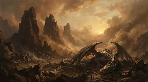 The ruins of Thangorodrim in the aftermath -- three shattered mountain stumps where towering peaks once stood, the broken body of Ancalagon draped across the rubble like a fallen monument. Dust and…