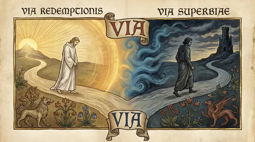 Two visions of Sauron\'s future diverging at a single moment: on one side, the path of humility -- Sauron walking westward toward Valinor in simple robes, head bowed, to face judgment and serve a…
