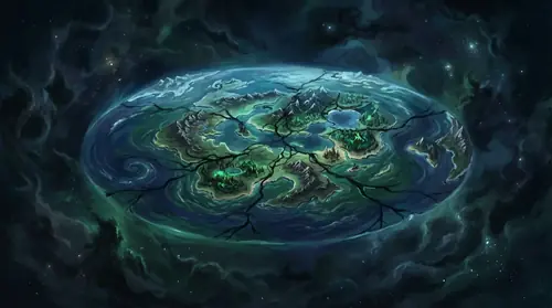 A conceptual image of Arda itself as Morgoth\'s Ring -- the world viewed from space, but with dark veins of corruption running through its substance like cracks in a jewel. The iron, stone, water, and…