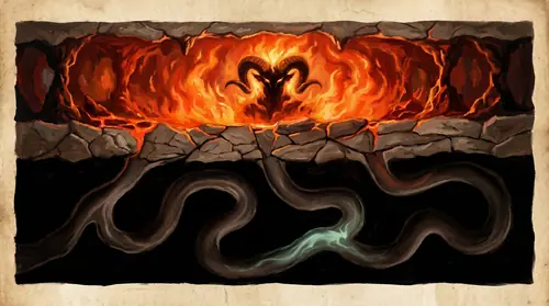 A vertical cutaway showing two distinct layers. Upper layer: a Balrog\'s fiery chasm, glowing orange-red. Lower layer: an utterly black region riddled with sinuous, irregular tunnels — passages…