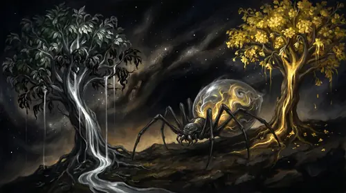 Ungoliant in her monstrous spider-form, vast and bloated with stolen light, crouched against the wreckage of the Two Trees of Valinor — Laurelin and Telperion both dying, their gold and silver light…