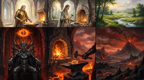 A tripartite illustration tracing corruptions: top, the Maia Mairon, fair and golden in Aulë\'s halls, devolving into Sauron\'s dark armored figure below. Middle, a graceful smithing scene in Eregion…
