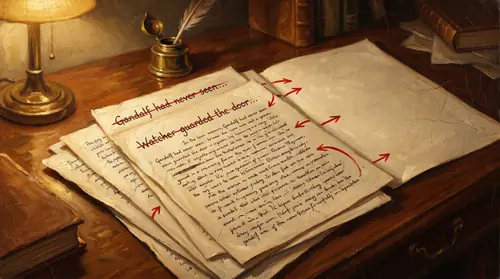 A series of draft pages stacked diagonally on a desk, each showing a phrase or sentence about the Watcher struck through in red ink. "Gandalf had never seen…" — struck. "Watcher guarded the door…" —…