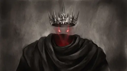 Extreme close hold on the crown and the gap: the pale circlet suspended above the black mantled shoulders, and between them only firelit air — the crimson glow of unseen fires showing straight…