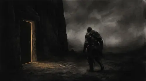 A lone armoured king striding away from us into darkness across a bleak heath, his cloak pulled about him like armour, utterly sure of himself — and behind him, unnoticed, a single narrow door of…
