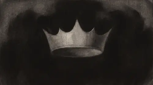 The widest, final symbol: the pale crown alone, suspended or set against a vast black emptiness, with nothing beneath it — bought with a whole self, and no one left to wear it. The frame is almost…