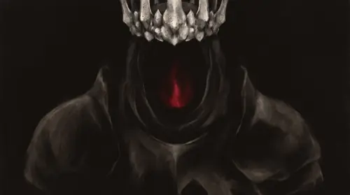 Tightening hard onto the crown and the mantled shoulders: a pale iron circlet floating, and between it and the black robe an empty gap, firelight shining straight through where a face should be — a…