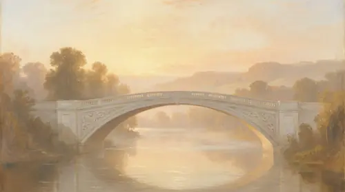 The bridge of Nargothrond spanning the river Narog, a beautiful elven construction of white stone - empty and peaceful in early morning mist, built with the best intentions