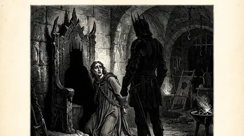 Maeglin bound before Morgoth\'s throne in Angband, the Dark Lord looming over him, instruments of torment visible in the shadows, the elf\'s face showing fear and the breaking of his will
